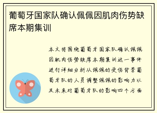 葡萄牙国家队确认佩佩因肌肉伤势缺席本期集训