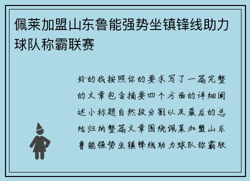 佩莱加盟山东鲁能强势坐镇锋线助力球队称霸联赛