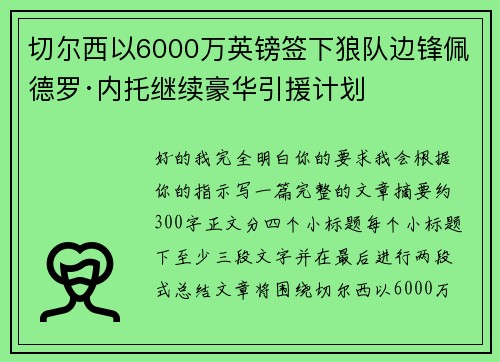 切尔西以6000万英镑签下狼队边锋佩德罗·内托继续豪华引援计划