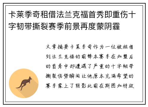 卡莱季奇租借法兰克福首秀即重伤十字韧带撕裂赛季前景再度蒙阴霾