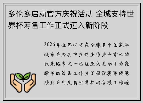 多伦多启动官方庆祝活动 全城支持世界杯筹备工作正式迈入新阶段